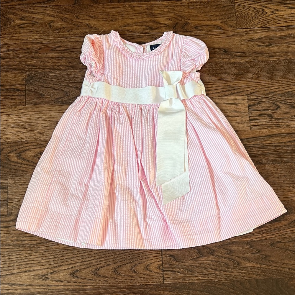 Ralph Lauren Pink and White Girls Seer Sucker Bow Lined Dress